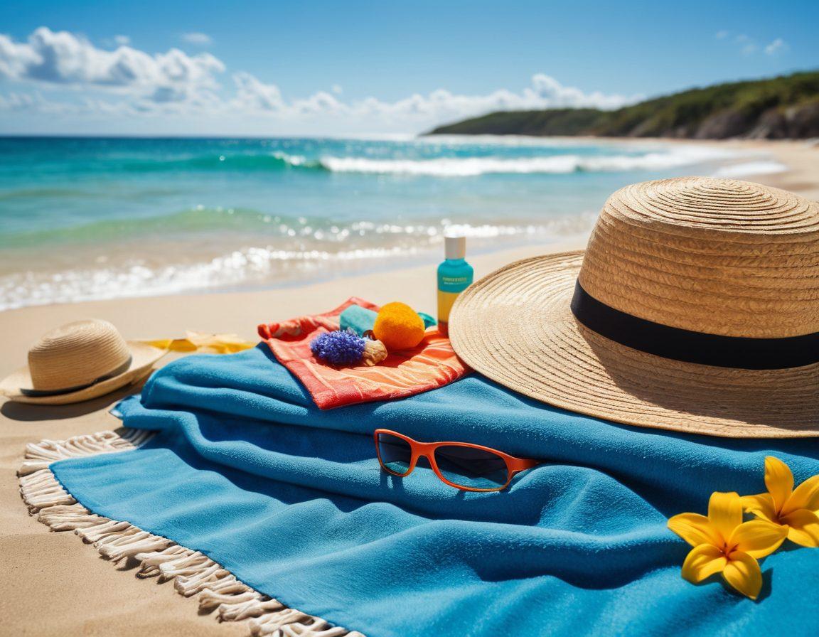 A serene summer scene showcasing a beautifully arranged beach setup featuring a stylish sunhat, luxurious skincare products placed elegantly on a colorful beach towel, and a pair of chic swimwear laid out. Vibrant ocean waves in the background and a bright blue sky create an inviting atmosphere of relaxation and confidence. super-realistic. vibrant colors. beach setting.