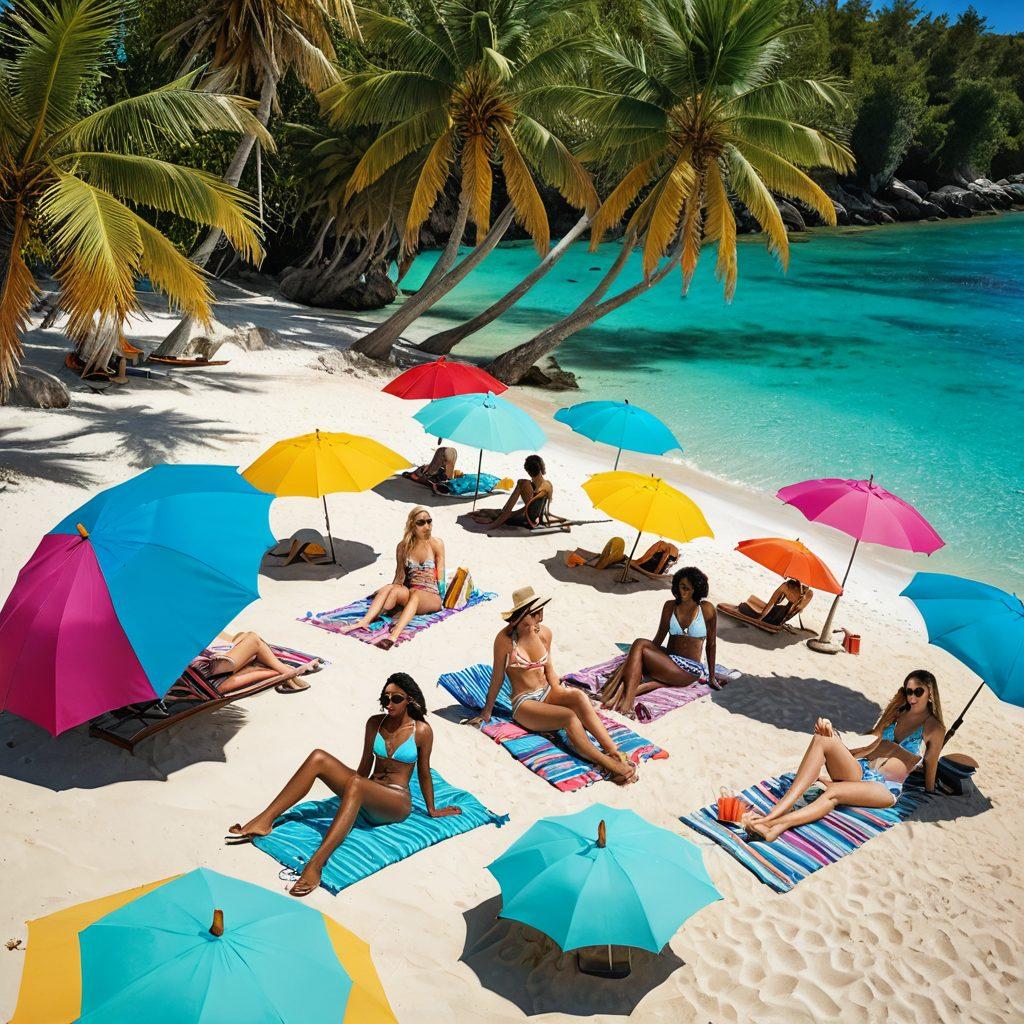 A vibrant beach scene featuring diverse models wearing stylish bikinis, lounging under colorful umbrellas, with a backdrop of turquoise waters and palm trees. Include natural beauty essentials like sunscreen, coconut oil, and hair accessories scattered artfully around. The atmosphere should evoke a sense of joy and relaxation, capturing the essence of summer. super-realistic. vibrant colors.